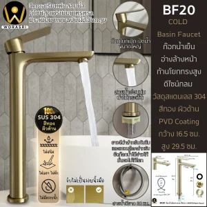 ก๊อกน้ำเย็นก้านโยกทรงสูงดีไซน์กลมสีทองผิวด้าน สแตนเลส 304 Brushed Gold Bathroom Faucet Round Single Handle Basin BF20
