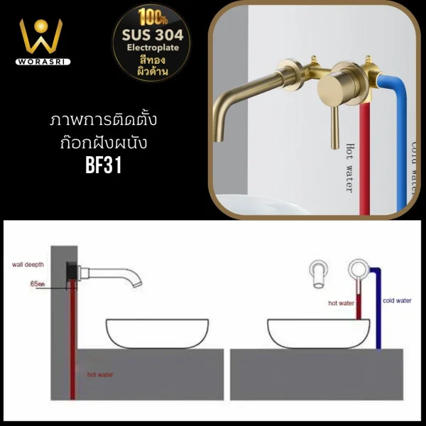 ก๊อกผสมอ่างล้­างหน้าฝังผนัง น้ำร้อนเย็น หมุนได้ 360 องศา สีทองด้าน BF31 Wall Mounted Faucet - Image 10