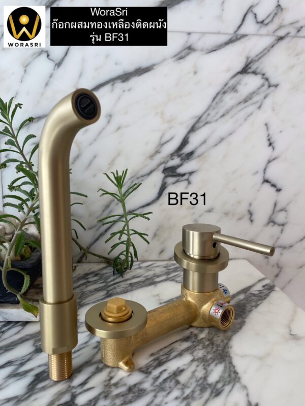 ก๊อกผสมอ่างล้­างหน้าฝังผนัง น้ำร้อนเย็น หมุนได้ 360 องศา สีทองด้าน BF31 Wall Mounted Faucet - Image 18