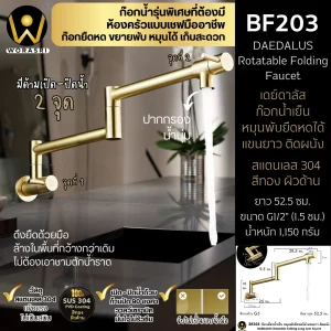 ก๊อกซิงค์หมุนพับยืดหดได้ติดผนัง สีทองด้าน ยาว 52.5 ซม. Brushed Gold Rotatable Folding Long Arm Faucet BF203