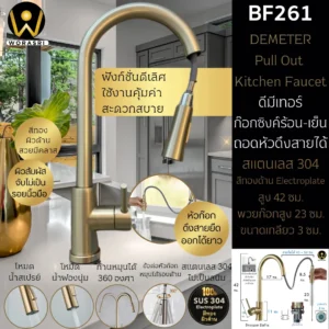 ก๊อกซิงค์ผสมอ่างล้างจานดึงหัวก๊อกยืดสายออกได้สีทองด้าน Pull Out Rotatable Sink Faucet BF261