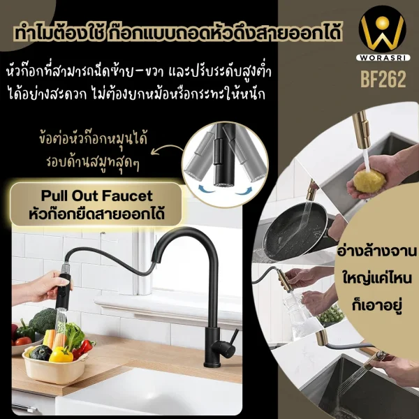 ก๊อกซิงค์ผสมอ่างล้างจานดึงหัวก๊อกยืดสายออกได้สีดำด้าน Pull Out Rotatable Sink Faucet BF262 - Image 6