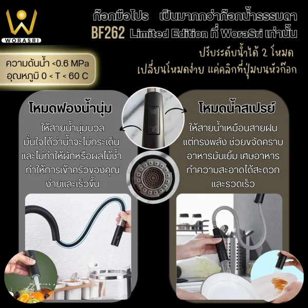 ก๊อกซิงค์ผสมอ่างล้างจานดึงหัวก๊อกยืดสายออกได้สีดำด้าน Pull Out Rotatable Sink Faucet BF262 - Image 4