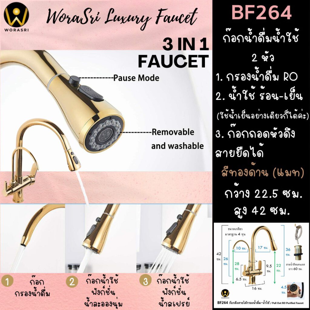 BF264 Pull Out RO Purified Faucet Brushed Gold 3 IN 1 Faucet Elegant Kitchen Room 3