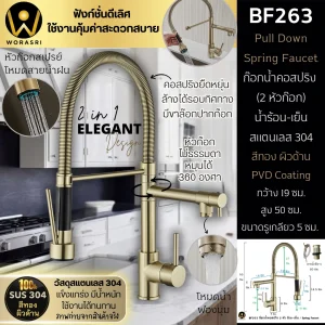 ก๊อกครัว2หัวสปริงดึงโยกสายสีทองด้าน Brushed Gold 2 Heads Pull Down Sink Faucet BF263