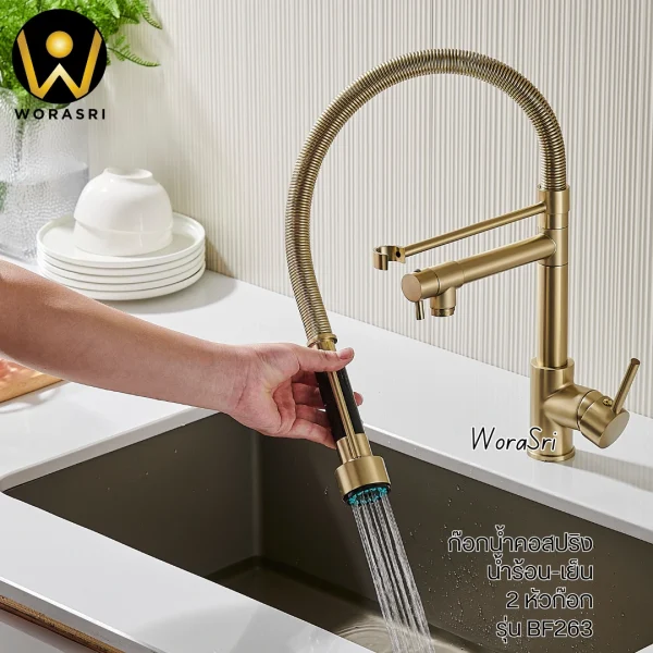 ก๊อกครัว2หัวสปริงดึงโยกสายสีทองด้าน Brushed Gold 2 Heads Pull Down Sink Faucet BF263 - Image 15