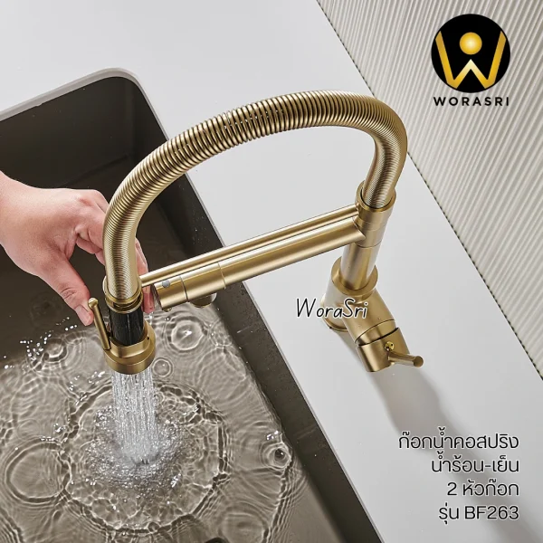 ก๊อกครัว2หัวสปริงดึงโยกสายสีทองด้าน Brushed Gold 2 Heads Pull Down Sink Faucet BF263 - Image 12