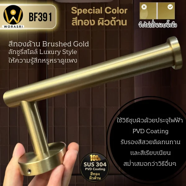 ที่แขวนกระดาษทิชชู่ม้วนสีทอง ผิวด้าน ติดผนังแนวตั้งแนวนอน สแตนเลส 304 BF391 Golden Tissue Roll Holder - Image 3