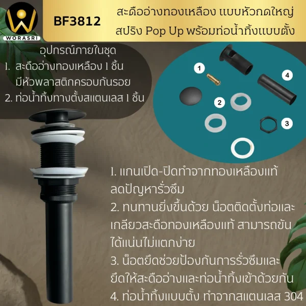 สะดืออ่างป๊อปอัพหัวกดใหญ่ไม่มีรูน้ำล้นสีดำผิวด้าน ท่อน้ำทิ้งแบบตั้ง สแตนเลส 304 Matt Black Pop-Up Waste Basin BF3812 - Image 5