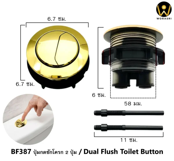 ปุ่มกดชักโครก2ปุ่มสีทองผิวเงา ขนาด 48 และ 58 มม. วัสดุพลาสติก ABS Dual Flush Toilet Button Brushed Gold BF387 - Image 6