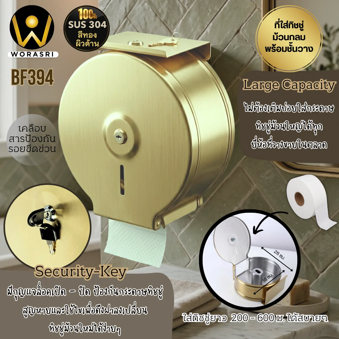 ที่ใส่ทิชชู่ม้วนใหญ่มีชั้นวางสีทอง BF394 Gold Tissue Dispensers - Image 3