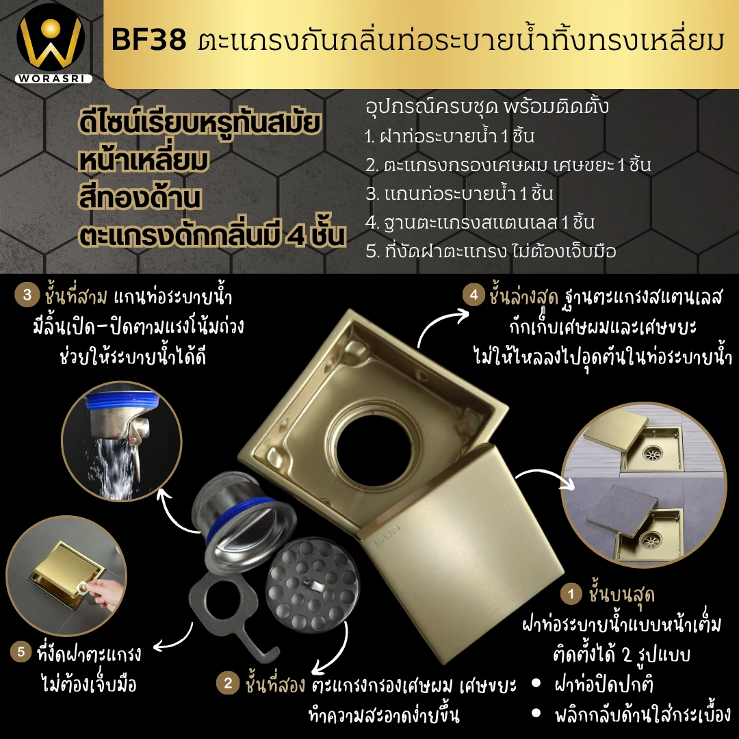 ตะแกรงกันกลิ่นระบายน้ำสีทอง Floor Drain BF38 - Image 3