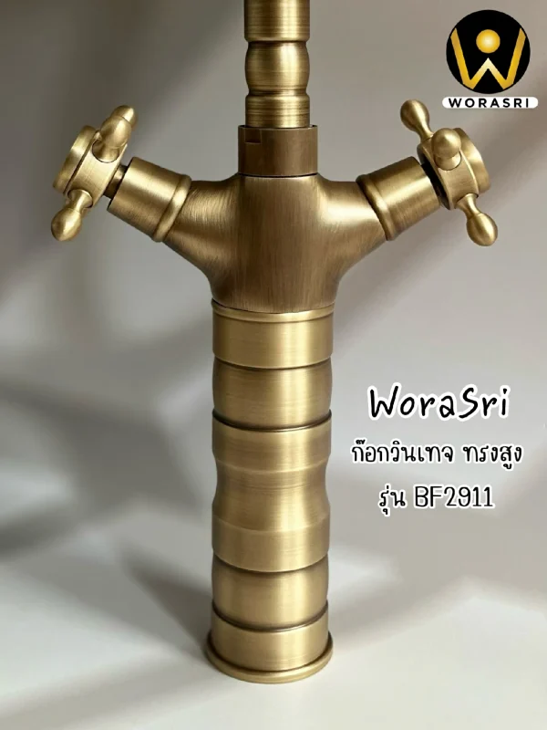 ก๊อกผสมทองเหลืองวินเทจโบราณหรูหรา น้ำร้อน-เย็น สีแอนทีคทองรมดำ ผิวด้าน Antique Vintage Basin Brass Faucet BF2911 - Image 9