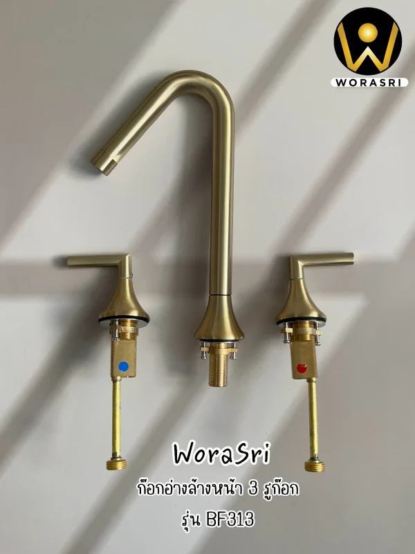 ก๊อกผสมน้ำร้อนเย็นอ่างล้างหน้า3รูก๊อกสีทองผิวด้าน วัสดุทองเหลือง Brushed Gold Two Lever Handle Deck Mounted 3-Hole Bathroom Basin Faucet BF313 - Image 7