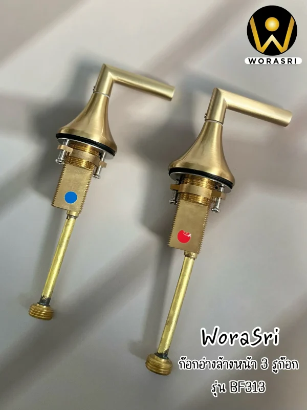 ก๊อกผสมน้ำร้อนเย็นอ่างล้างหน้า3รูก๊อกสีทองผิวด้าน วัสดุทองเหลือง Brushed Gold Two Lever Handle Deck Mounted 3-Hole Bathroom Basin Faucet BF313 - Image 8