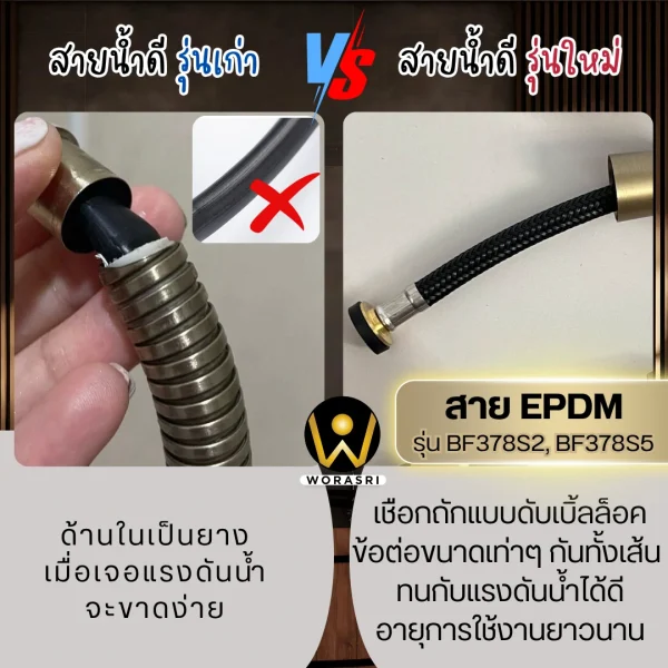 สายน้ำดีสแตนเลส304ฝักบัวอาบน้ำ สายฉีดชำระ สายเครื่องทำน้ำอุ่น ยาว 150 ซม. สีทองด้าน BF378S5 Hose Brushed Gold Sus 304 - Image 9