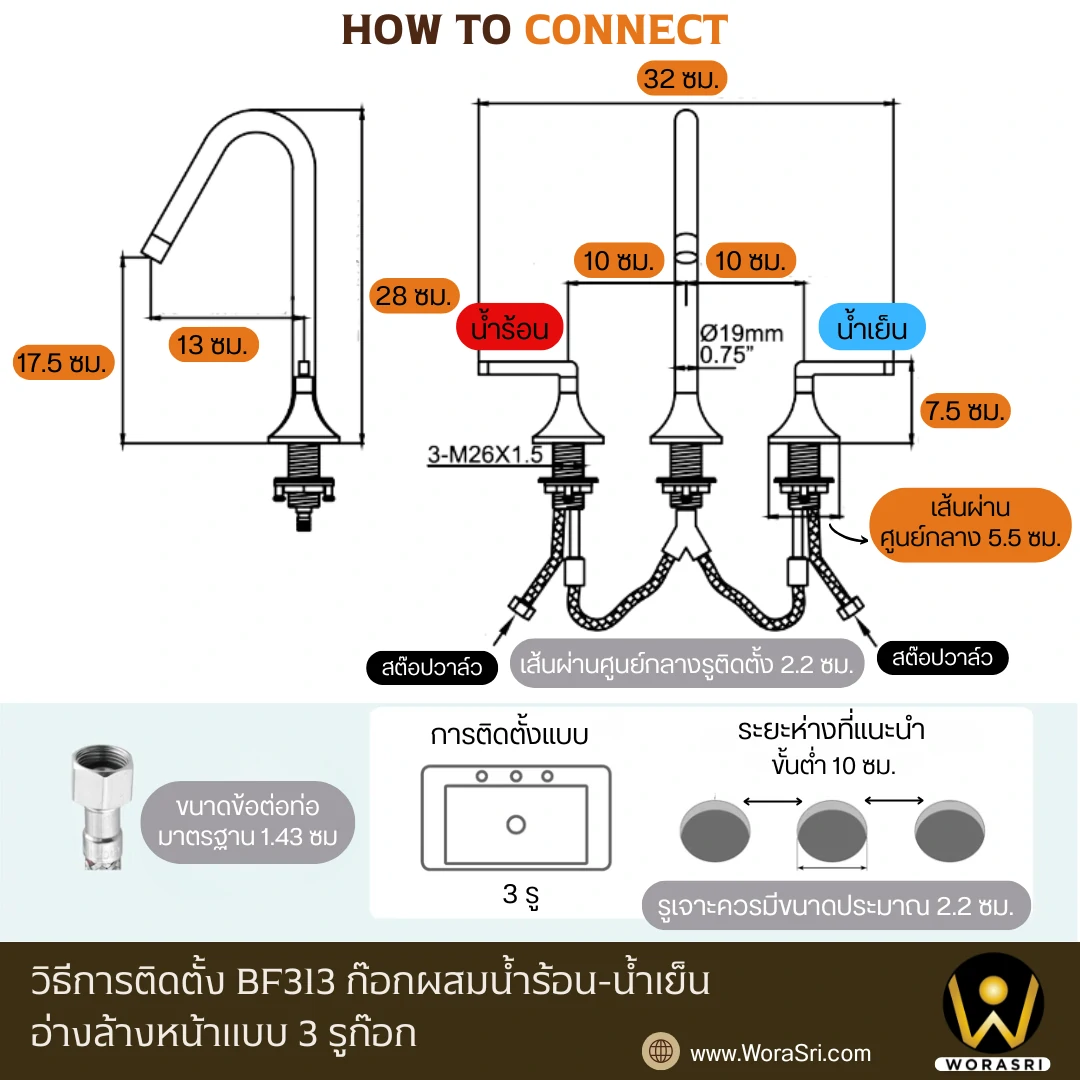 ก๊อกผสมน้ำ3รูก๊อกสีทอง Gold 3 Hole Basin Tap BF313 - Image 9