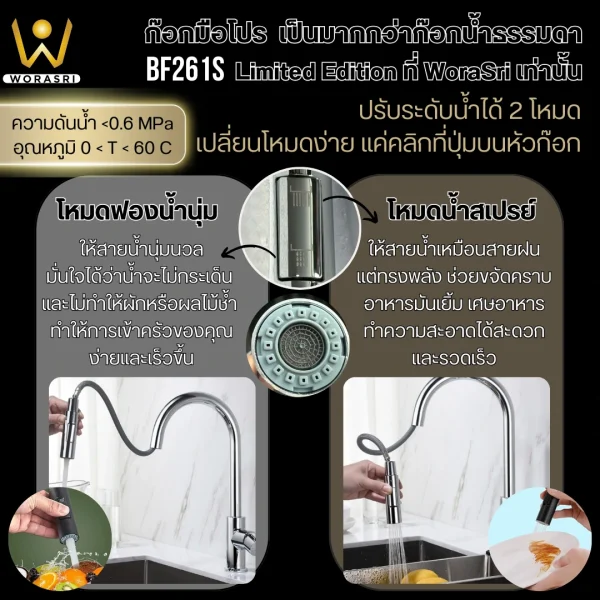 ก๊อกซิงค์ผสมอ่างล้างจานดึงหัวก๊อกยืดสายออกได้สีโครมเงิน ผิวเงา สแตนเลส 304 Chrome Pull Out Rotatable Sink Faucet BF261S - Image 7
