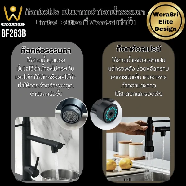 ก๊อกครัว2หัวสปริงดึงโยกสายสีดำด้าน Black 2 Heads Pull Down Sink Faucet BF263B - Image 2