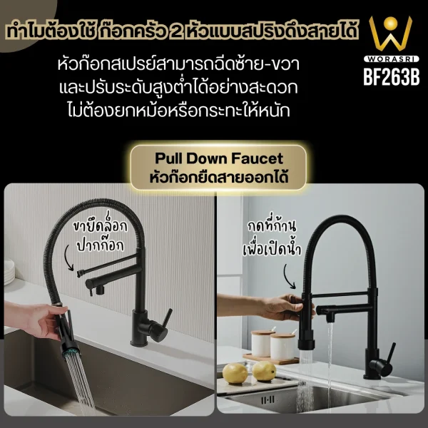 ก๊อกครัว2หัวสปริงดึงโยกสายสีดำด้าน Black 2 Heads Pull Down Sink Faucet BF263B - Image 3