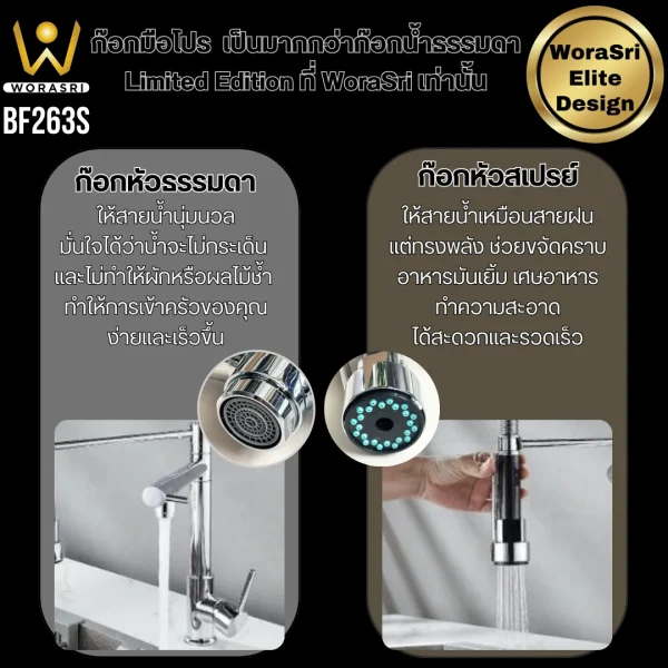 ก๊อกครัว2หัวสปริงดึงโยกสายสีเงินเงา Chrome 2 Heads Pull Down Sink Faucet BF263S - Image 3