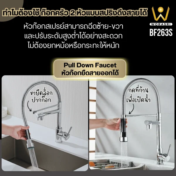 ก๊อกครัว2หัวสปริงดึงโยกสายสีเงินเงา Chrome 2 Heads Pull Down Sink Faucet BF263S - Image 7