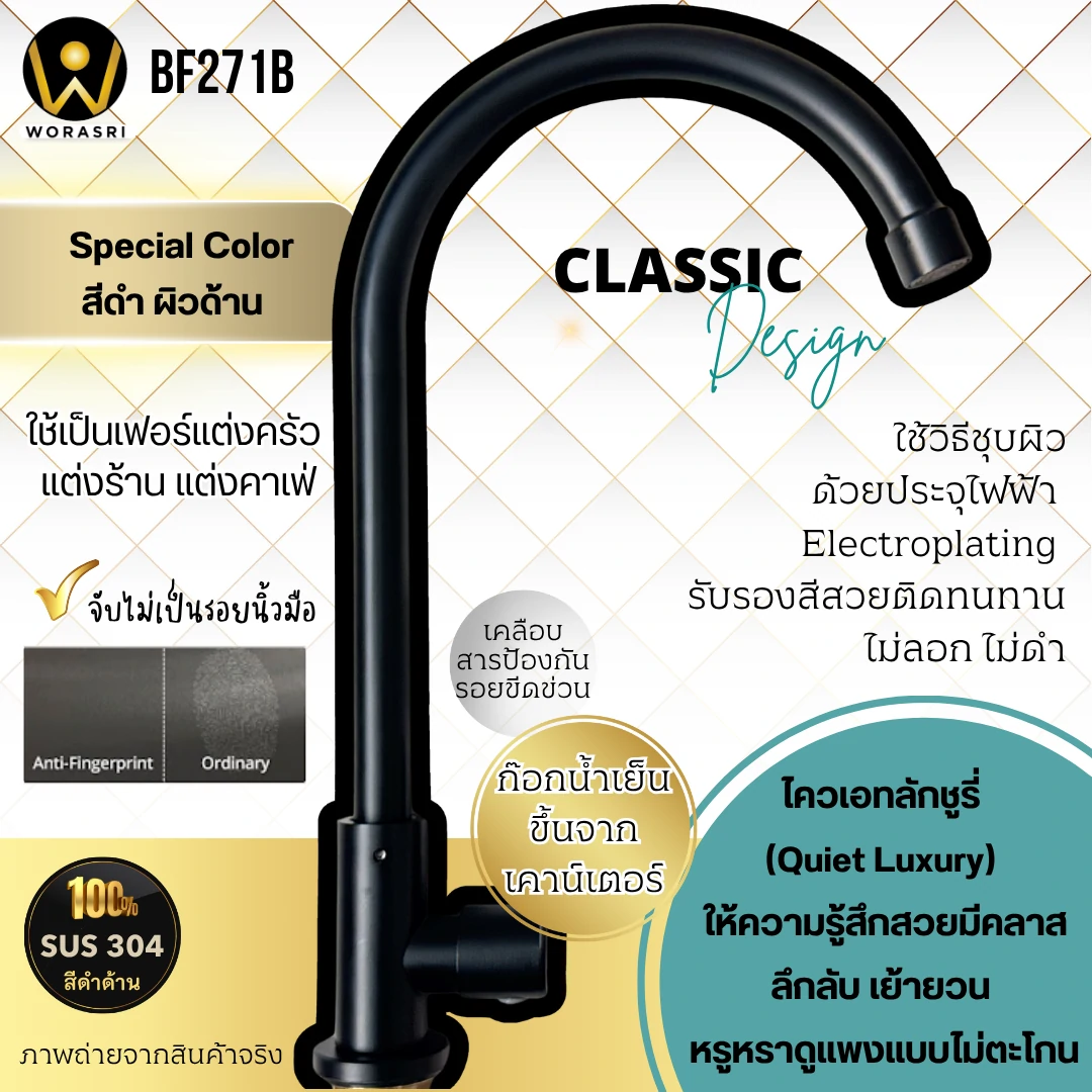 ก๊อกซิงค์ตัวUน้ำเย็นห้องครัวสีดำด้าน สแตนเลส 304 Black Cold Sink Faucet BF271ฺB - Image 6