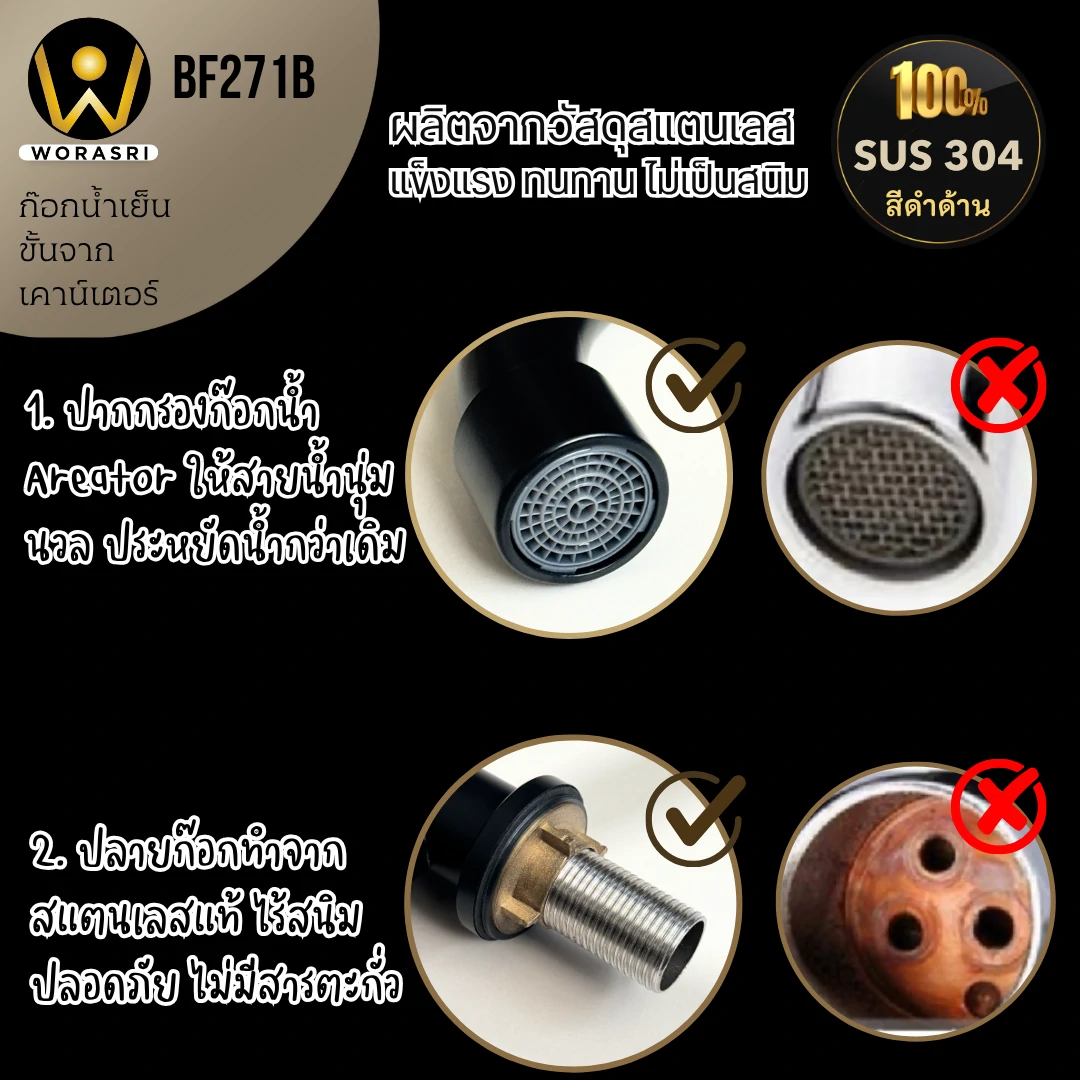 ก๊อกซิงค์ตัวUน้ำเย็นห้องครัวสีดำด้าน สแตนเลส 304 Black Cold Sink Faucet BF271ฺB - Image 5