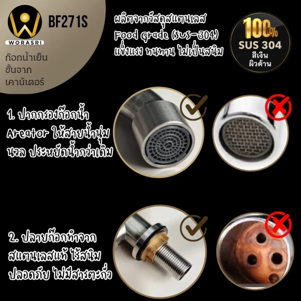 ก๊อกซิงค์ตัวUน้ำเย็นห้องครัวสีเงินด้าน สแตนเลส 304 Brushed Silver Cold Sink Faucet BF271ฺS - Image 5