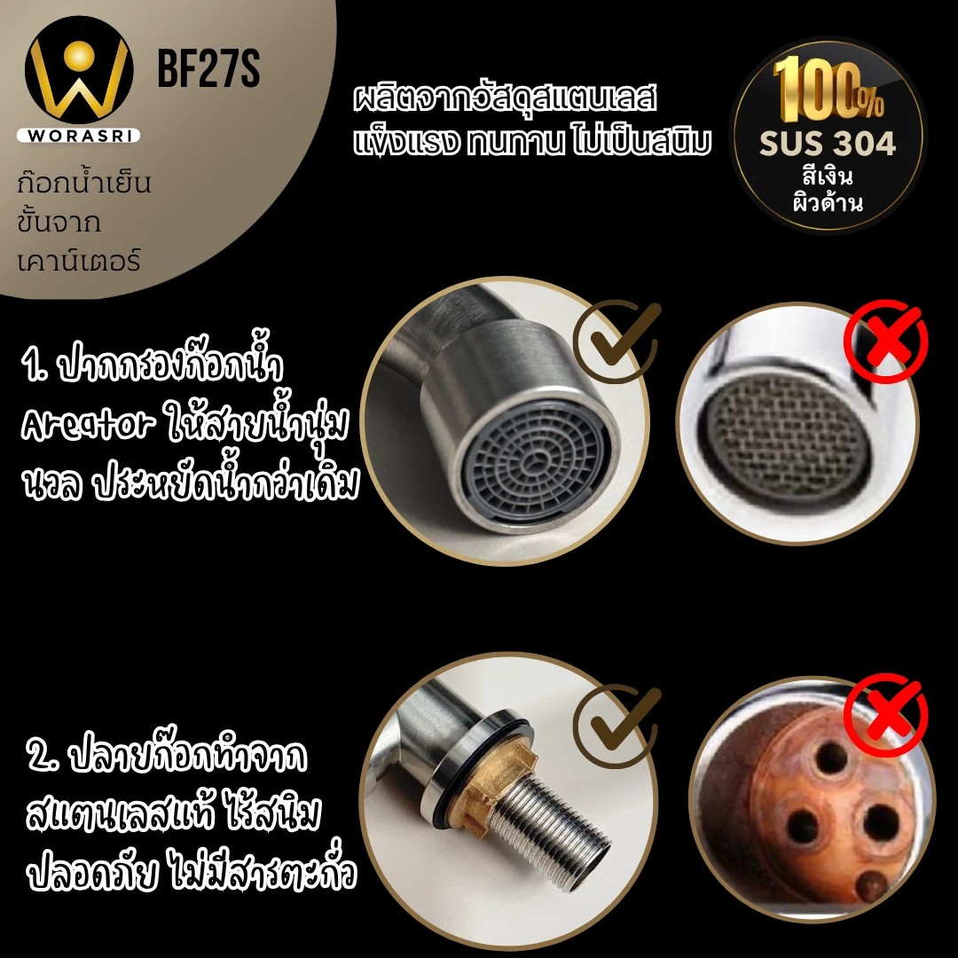 ก๊อกซิงค์ตัวLน้ำเย็นห้องครัวสีเงินด้าน Brushed Silver Cold Sink Faucet BF27S - Image 5