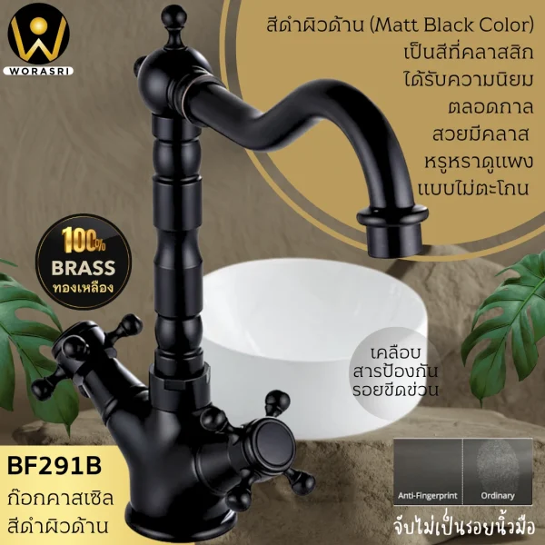 ก๊อกร้อนเย็นทองเหลืองวินเทจสีดำด้าน BF291B Black Castle Vintage Hot and Cold Faucet - Image 3