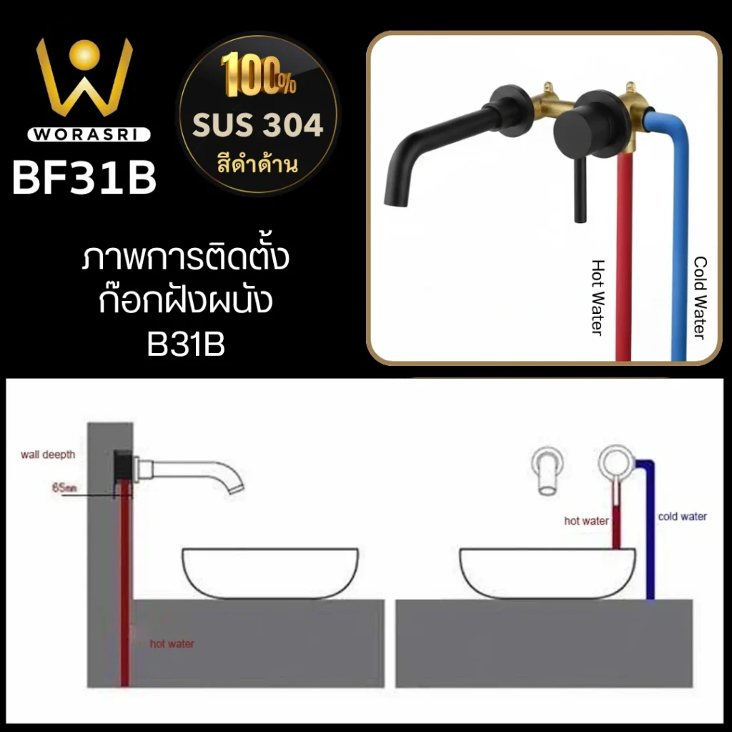 ก๊อกผสมน้ำร้อน-เย็นแบบฝังผนัง รุ่น BF31 สีทองเหลืองปัดเงา ดีไซน์ก้านโยกเดี่ยว (Single Lever) สไตล์โมเดิร์น สำหรับอ่างล้างหน้าแบบวางบนเคาน์เตอร์