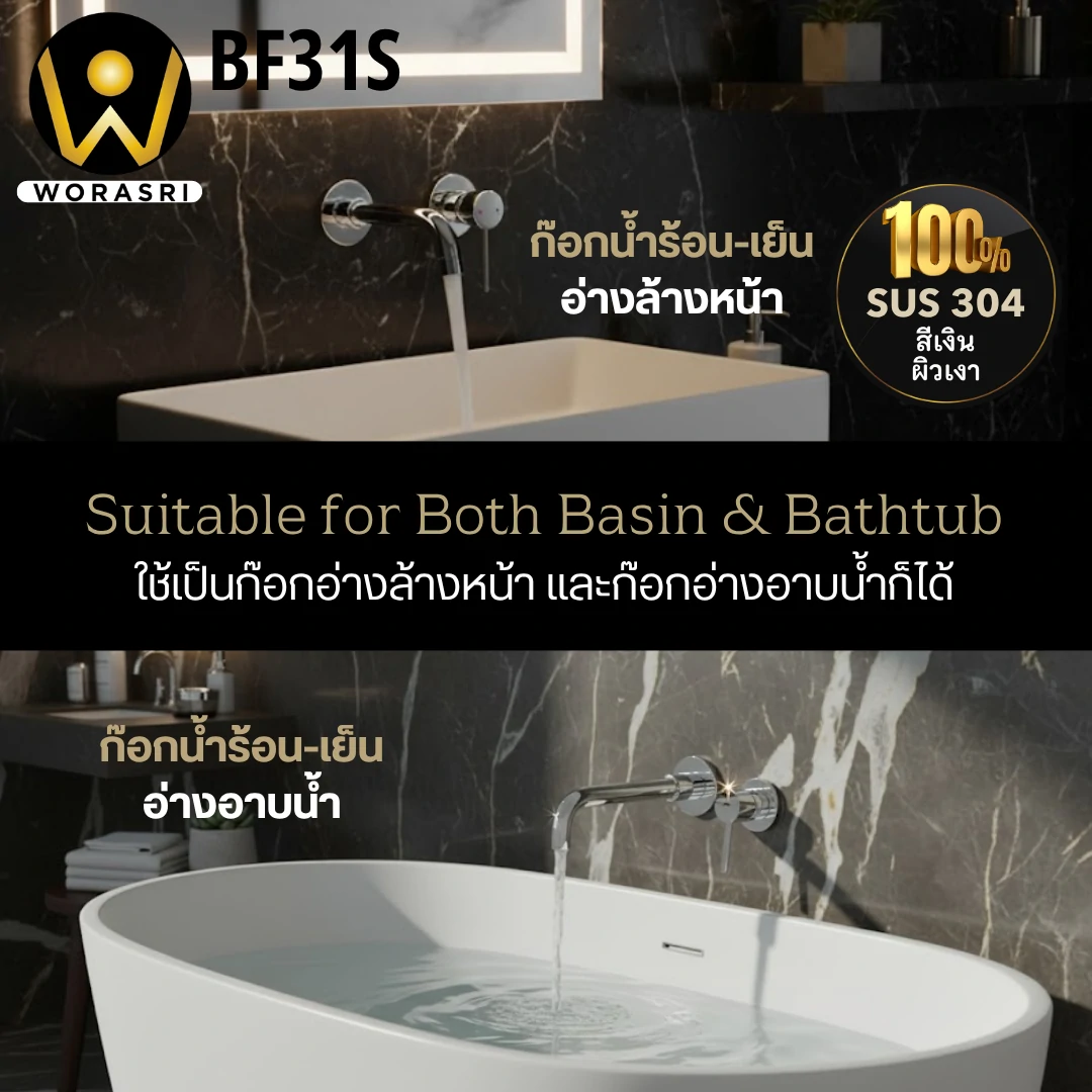 ก๊อกผสมอ่างล้างหน้าฝังผนังสีเงินเงา น้ำร้อนเย็น หมุนได้ 360 องศา สีทองด้าน BF31S Chrome Wall Mounted Faucet - Image 6