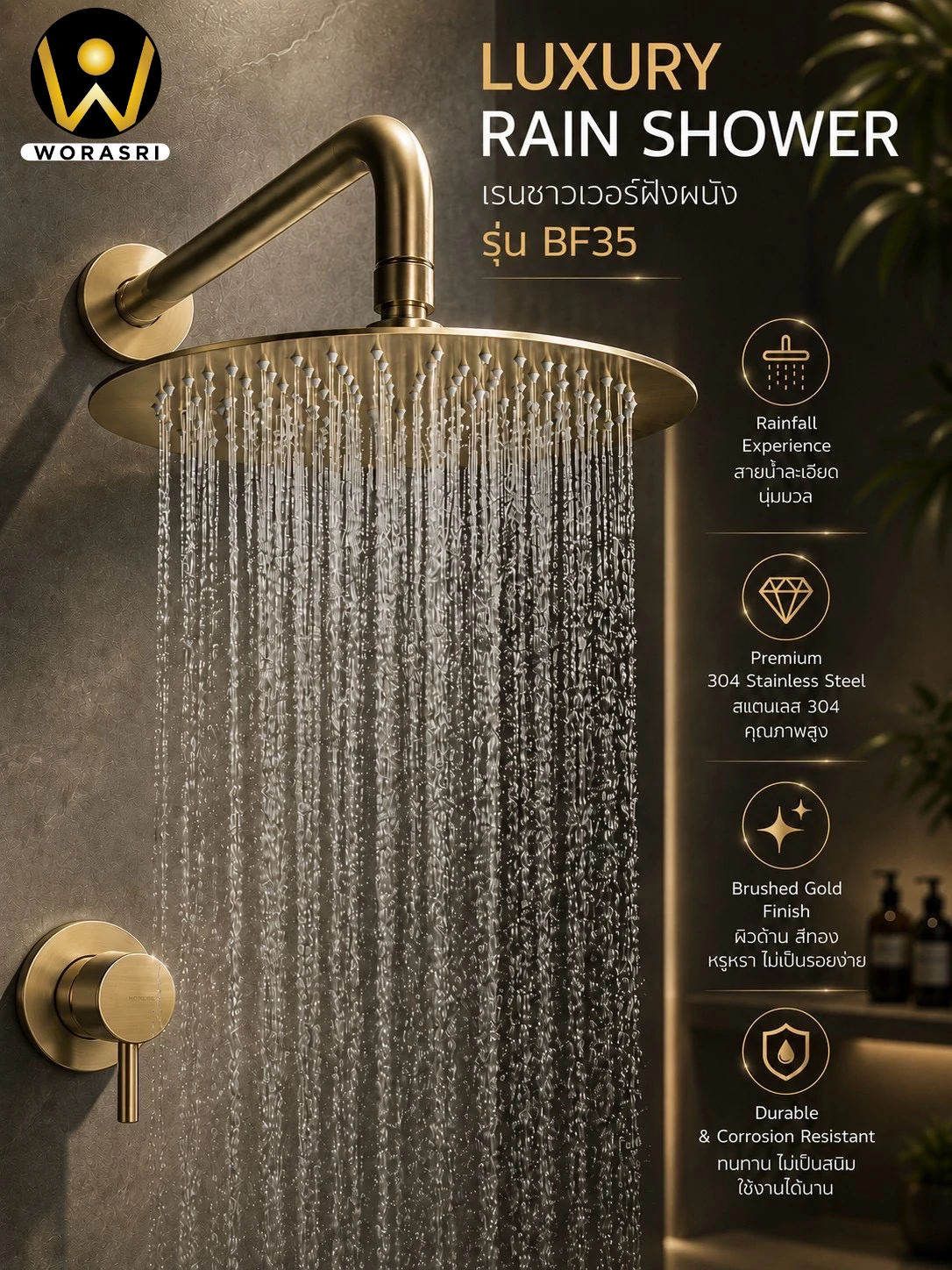 เรนชาวเวอร์ฝังผนังสีทอง BF35 Concealed Rain shower - Image 14