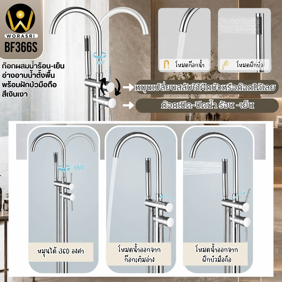 ก๊อกผสมอ่างอาบน้ำแบบตั้งพื้นพร้อมฝักบัวมือถือสีเงินผิวเงา สแตนเลส 304 Chrome Floor Mounted Bath Mixer With Handheld Shower BF366S - Image 3