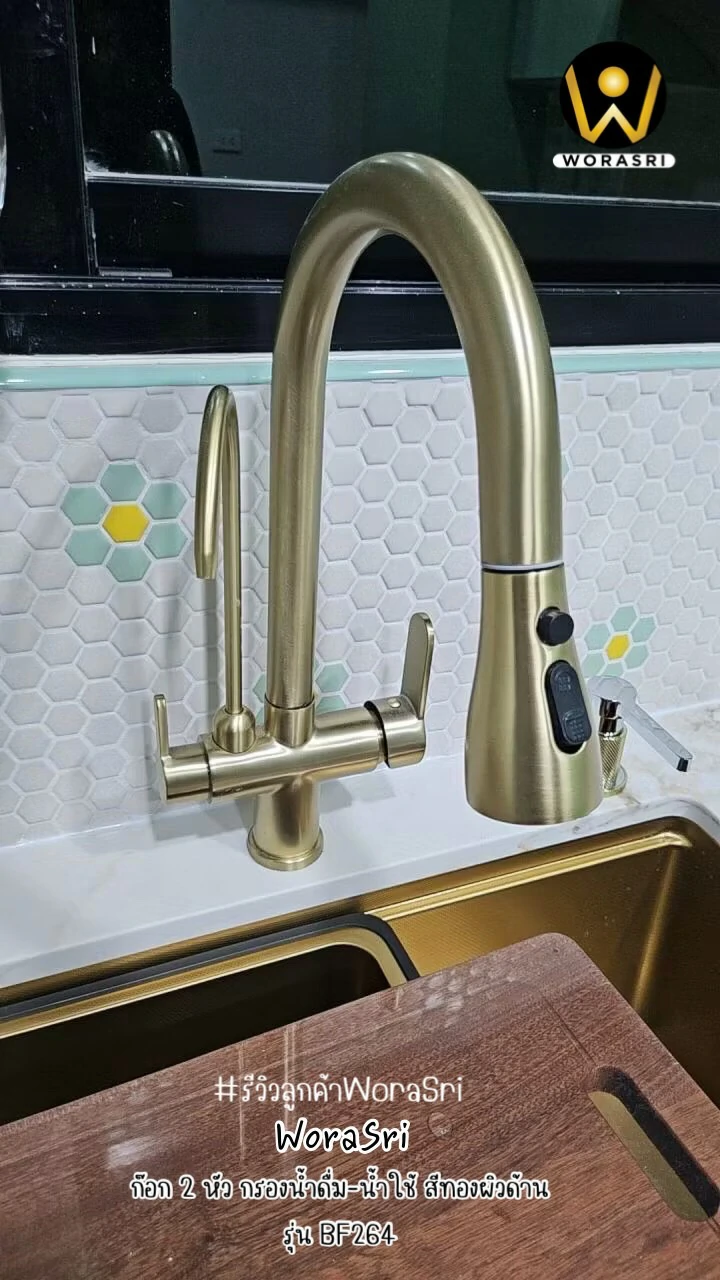 ก๊อกกรองน้ำดื่มดึงสาย2หัวสีทองด้าน BF264 Pull Out with Purified Faucet - Image 14