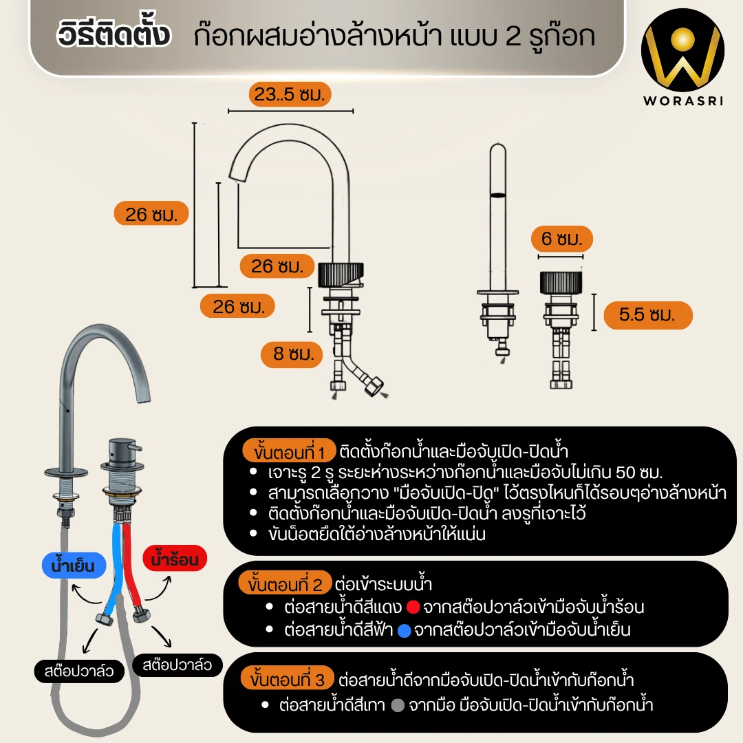ก๊อกผสมอ่างล้างหน้า2รูสีเงิน 2HoleFaucet BF351P - Image 6