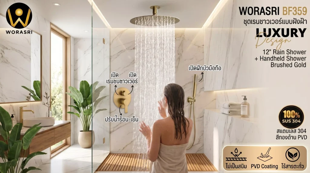 ภาพโฆษณาชุดเรนชาวเวอร์แบบฝังฝ้า WoraSri รุ่น BF359 สีกระจายทองด้าน PVD ในบรรยากาศห้องน้ำหรูหราหินอ่อน พร้อมสายน้ำไหลฉ่ำ ผักบัวมือถือ และวาล์วผสมน้ำร้อน-เย็นฝังผนัง