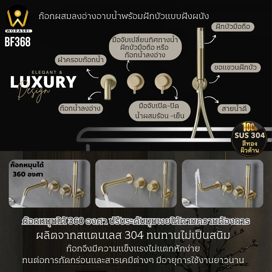 ก๊อกผสมลงอ่างอาบน้ำฝังผนังสีทอง Bath Shower Mixer BF368 - Image 2