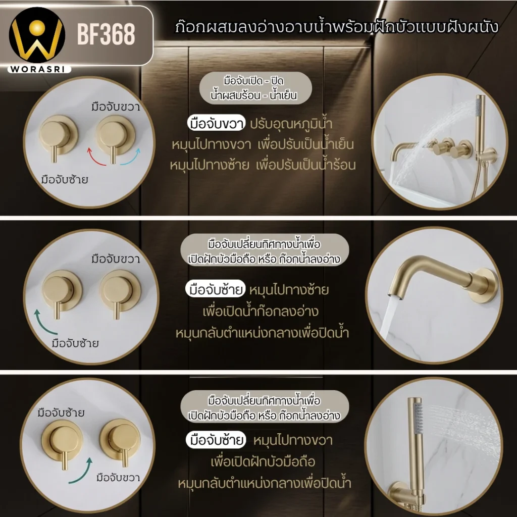 ก๊อกลงอ่างอาบน้ำฝังผนังทอง Bath Shower Mixer BF368