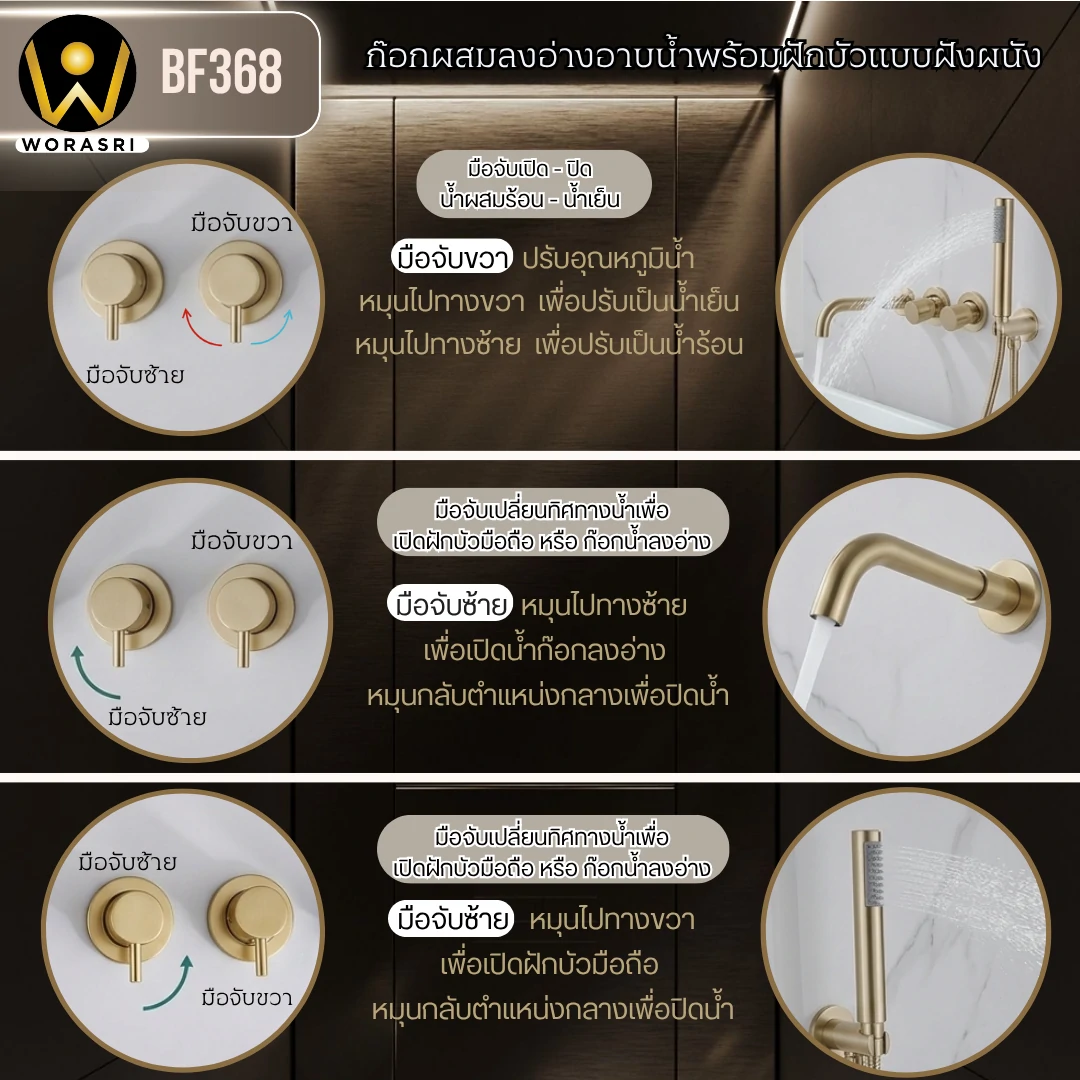 ก๊อกผสมลงอ่างอาบน้ำฝังผนังสีทอง Bath Shower Mixer BF368 - Image 3