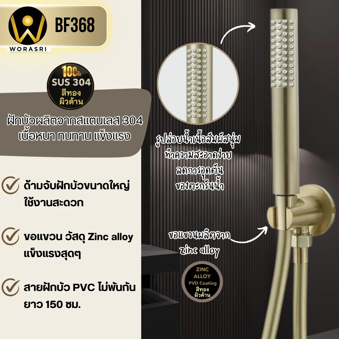 ก๊อกผสมลงอ่างอาบน้ำฝังผนังสีทอง Bath Shower Mixer BF368 - Image 4