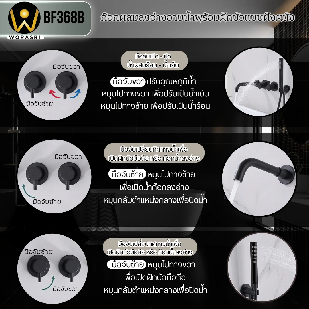 ก๊อกลงอ่างอาบน้ำฝังผนังดำ Bath Shower Mixer BF368B - Image 8