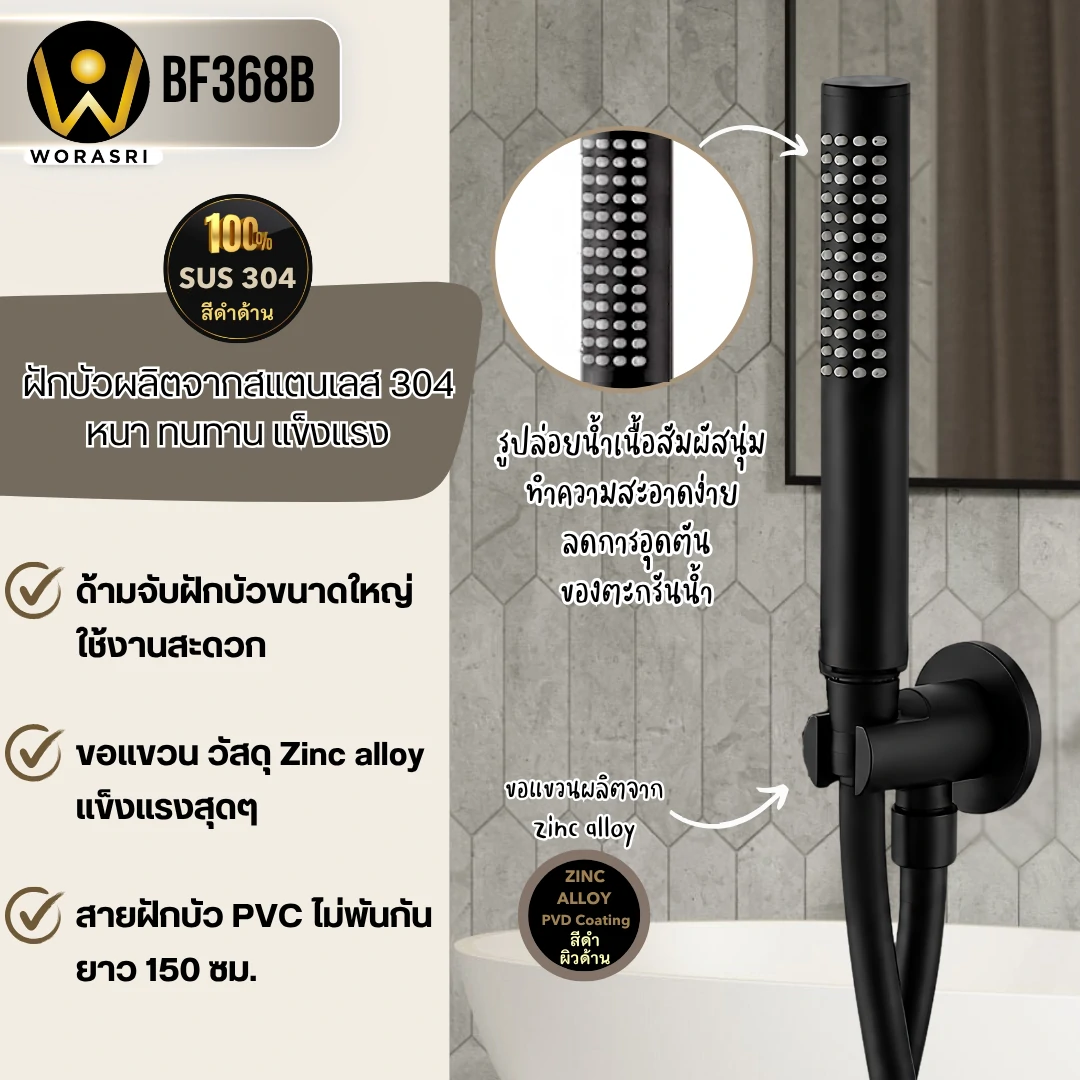 ก๊อกลงอ่างอาบน้ำฝังผนังดำ Bath Shower Mixer BF368B - Image 7