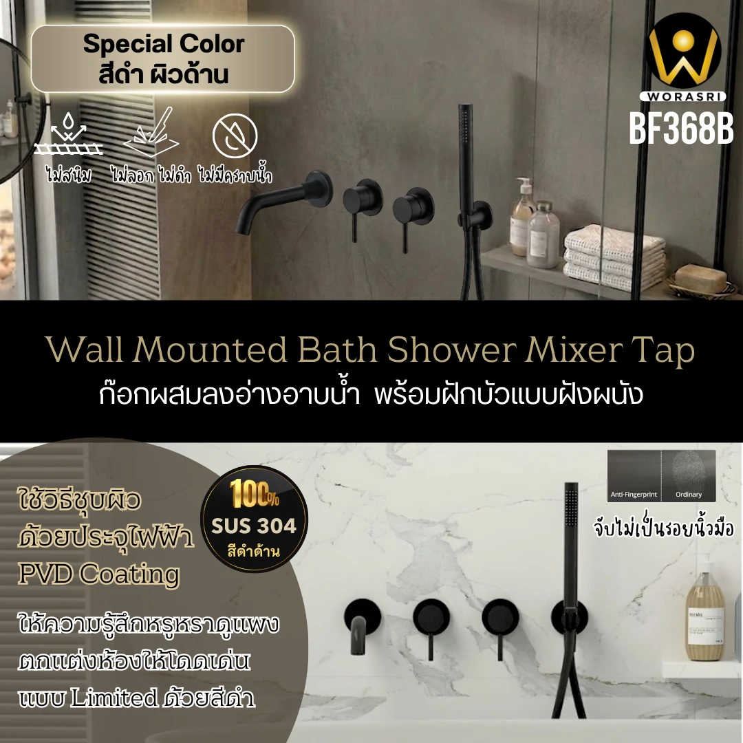 ก๊อกลงอ่างอาบน้ำฝังผนังดำ Bath Shower Mixer BF368B - Image 6