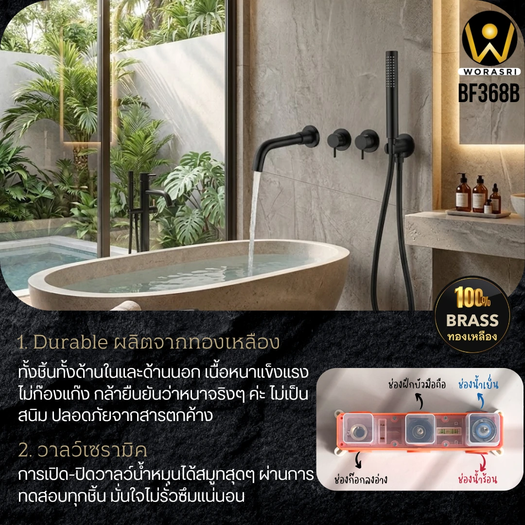 ก๊อกลงอ่างอาบน้ำฝังผนังดำ Bath Shower Mixer BF368B - Image 5