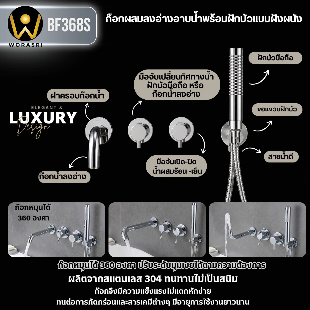 ก๊อกลงอ่างอาบน้ำฝังผนังเงิน Bath Shower Mixer BF368S - Image 9
