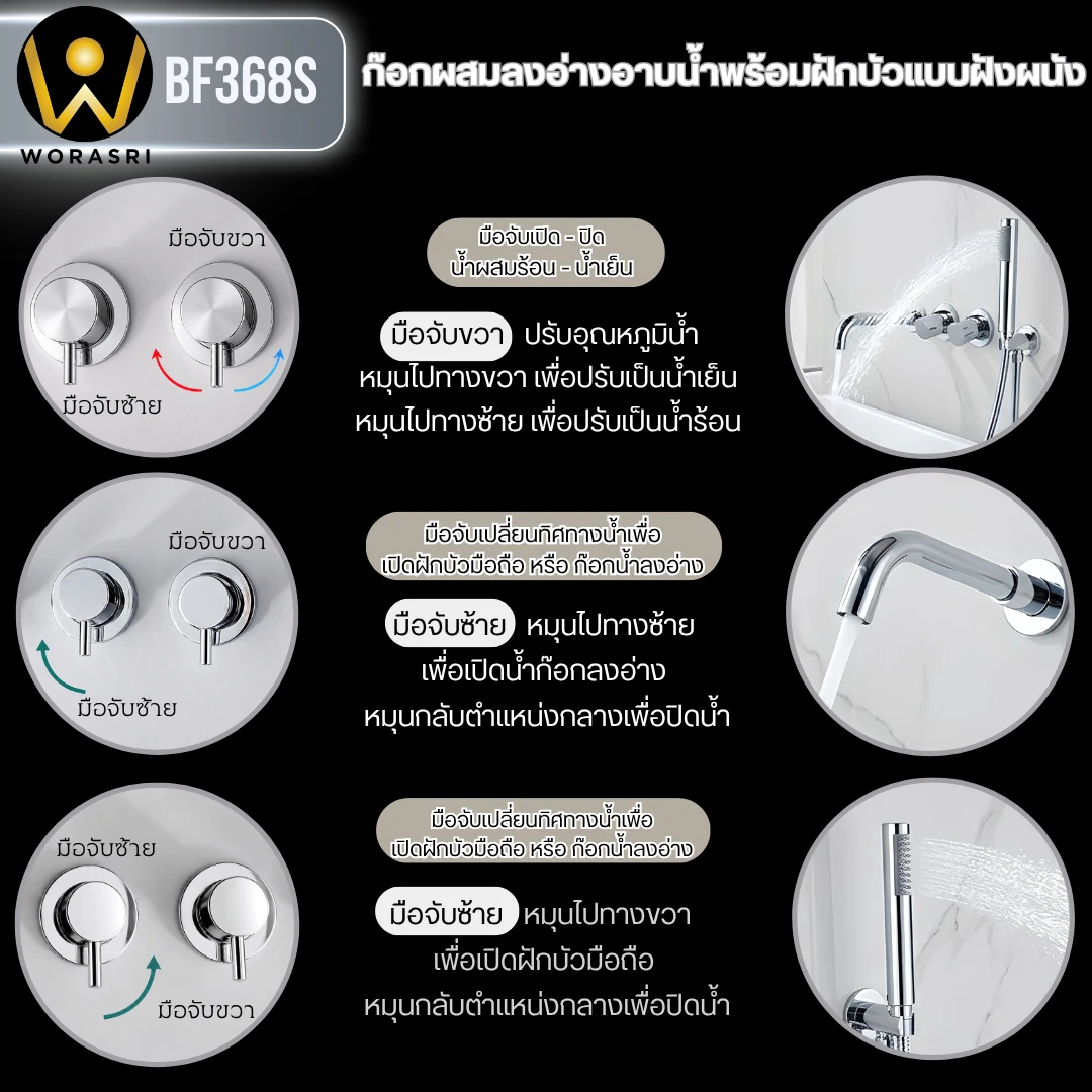 ก๊อกลงอ่างอาบน้ำฝังผนังเงิน Bath Shower Mixer BF368S - Image 8